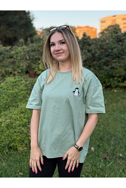 Atelier Masal Penguin Embroidered Women's Oversize Tshirt - Thick Fabric
