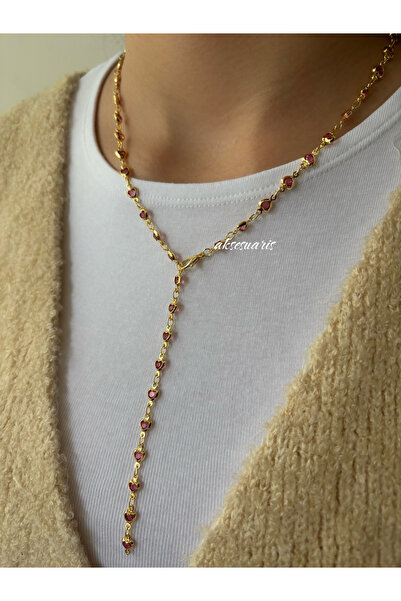 aksesuaris Pembe Kalp Taşlı Y Kolye Dekolte Kolye