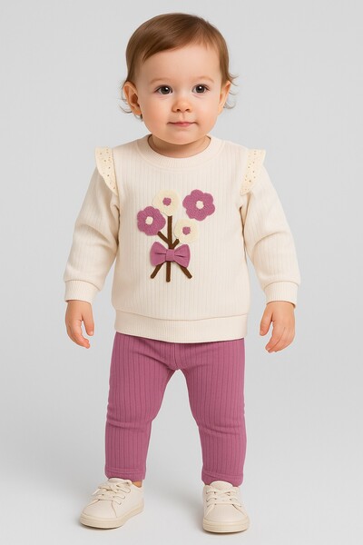 dinamik çocuk Baby Girl Süzene Daisy Bowknot 2-Piece Top and Bottom Set - Ribbed 2-Thread Seasonal 3-6-9-12 Months