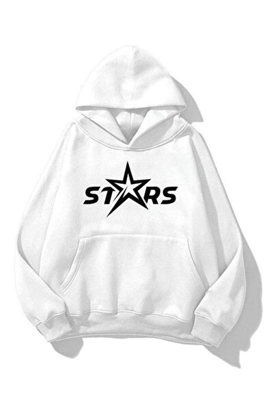 Know Unisex Stars Baskılı Kapüşonlu Sweatshirt Hoodie Beyaz