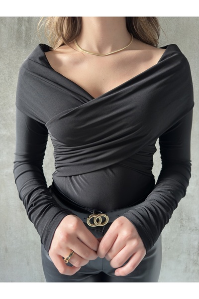 asfamoda Siyah Drapeli Madonna Yaka Zıbın Candy Bluz