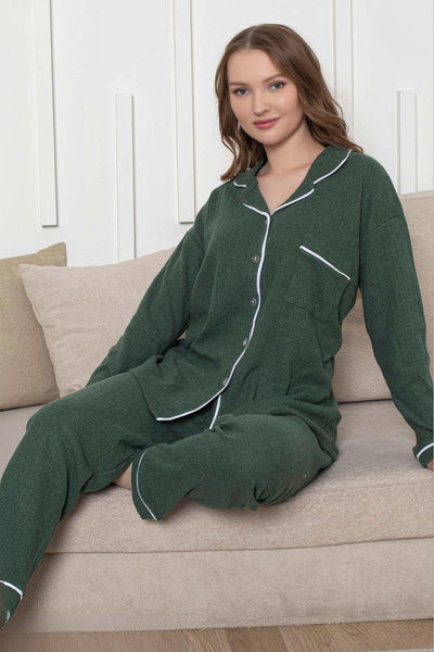 Farya Home Cotton Winter Interlock Stripe Long Sleeve Buttoned Piping Shirt Pajama Set