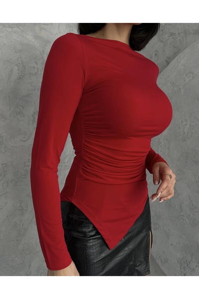 asfamoda Bluză roșie pentru femei, model Zr, cu tăietură asimetrică, drapată, cu șnur, Candy Body