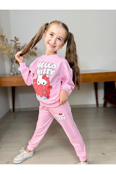ARBİ kids Girls' Hello Kitty Print Balloon Sleeve Two-Piece Suit Seasonal Two-Thread Fabric
