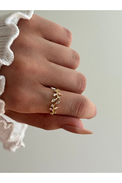 AYSHAN خاتم ذهبي مرصع بحجر الزركون بتفاصيل على شكل أوراق الشجر