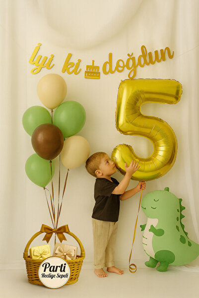 parti hediye sepeti Dinozor Temalı Doğum Günü Balon Seti Su Yeşili Kahverengi...