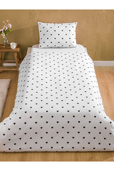 LC Waikiki Siyah Kalp Baskılı Pamuklu Tek Kişilik Nevresim Seti