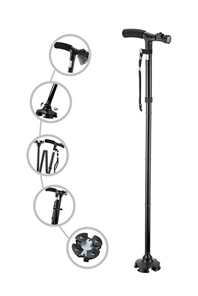 Mirfa Adventure-Ready Folding Cane: LED Light, Adjustable, Cushioned T Handle, Pivoting Quad Base