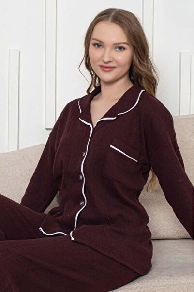 Farya Home Cotton Winter Interlock Stripe Long Sleeve Buttoned Piping Shirt Pajama Set