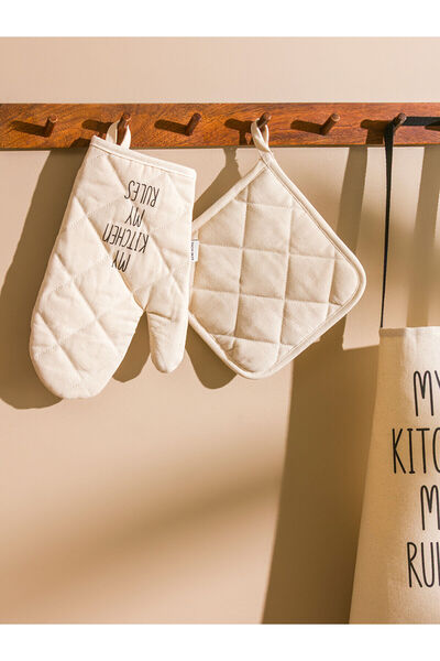 LC Waikiki Ekru Baskılı Fırın Eldiveni ve Tutaç