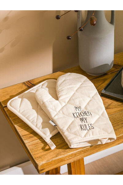 LC Waikiki Ekru Baskılı Fırın Eldiveni ve Tutaç