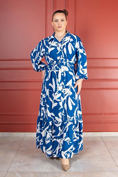 Bedrinxxl Büyük Beden Kadın Desenli Kuşaklı Viskon Mavi Maxi Elbise Düğmeli G...