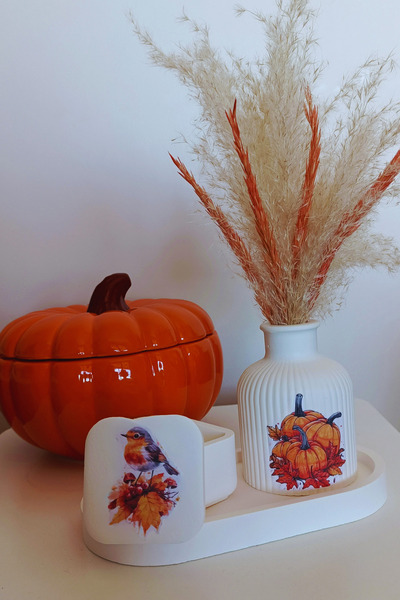 FourClovers Balkabağım Dekoratif Set – Saksı, Takı Kutusu ve Tabak (Vazodaki çiçekler fiyata dahil değildir)