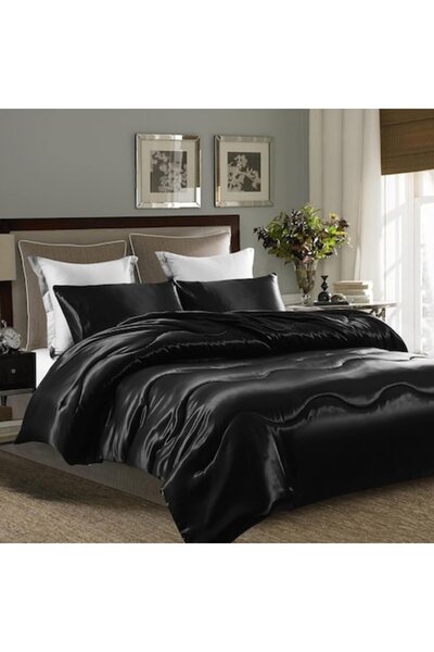 Luofanfei Bed Linen Set, Silk, 200 x 200 cm, 2 Pillowcases 80 x 80 cm, Black