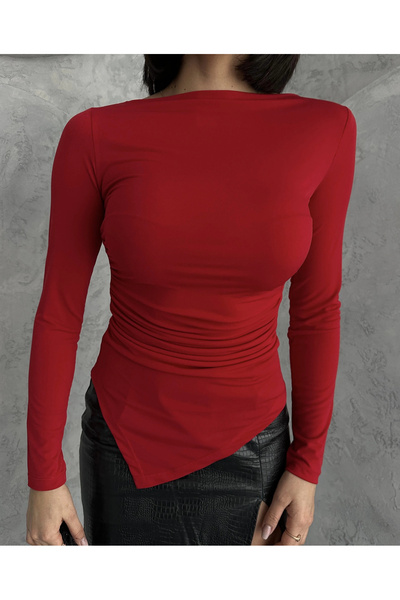 asfamoda Bluză roșie pentru femei, model Zr, cu tăietură asimetrică, drapată, cu șnur, Candy Body