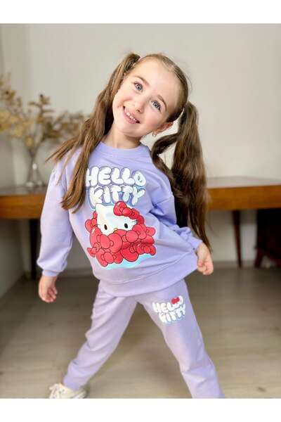 ARBİ kids Girls' Hello Kitty Print Balloon Sleeve Two-Piece Suit Seasonal Two-Thread Fabric