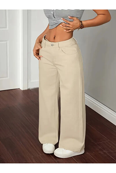 WODDİ Astrid Women's Beige Jeans Palazzo Loose Casual Jean High Waist Denim Jeans Trousers Beekeplzblack