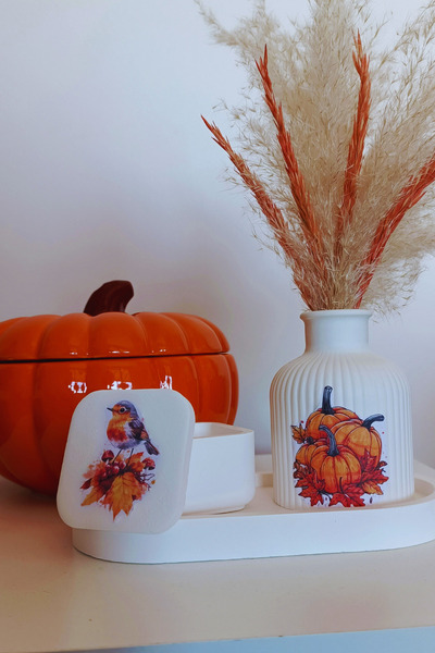 FourClovers Balkabağım Dekoratif Set – Saksı, Takı Kutusu ve Tabak (Vazodaki çiçekler fiyata dahil değildir)