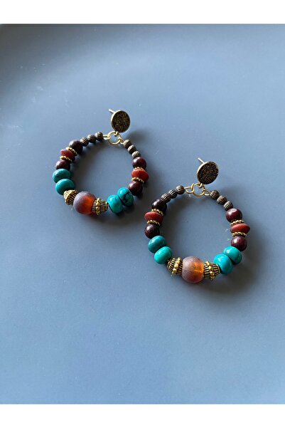 dela otantik Handmade Bohemian Large Hoop Earrings – Authentic Vintage Costume Jewelry with Turquoise Beads