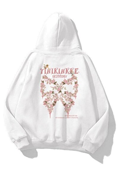Know Unisex Rose Butterfly Baskılı Kapüşonlu Sweatshirt Hoodie Beyaz