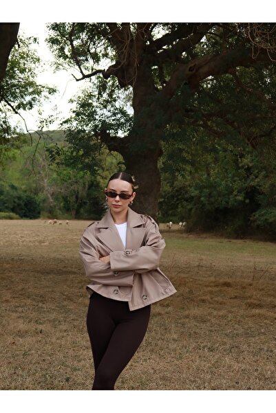 Zey Studio Kadın Camel Çift Düğmeli Kısa Trençkot