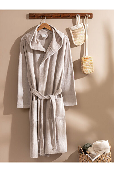 LC Waikiki Gray Basic Cotton Hooded Bathrobe