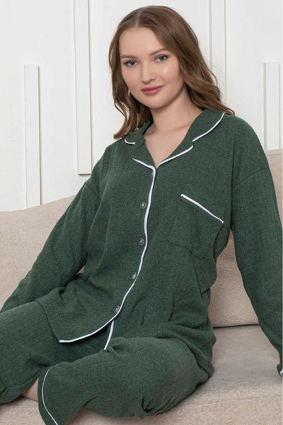 Farya Home Cotton Winter Interlock Stripe Long Sleeve Buttoned Piping Shirt Pajama Set
