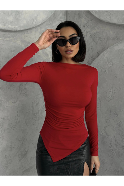 asfamoda Bluză roșie pentru femei, model Zr, cu tăietură asimetrică, drapată, cu șnur, Candy Body