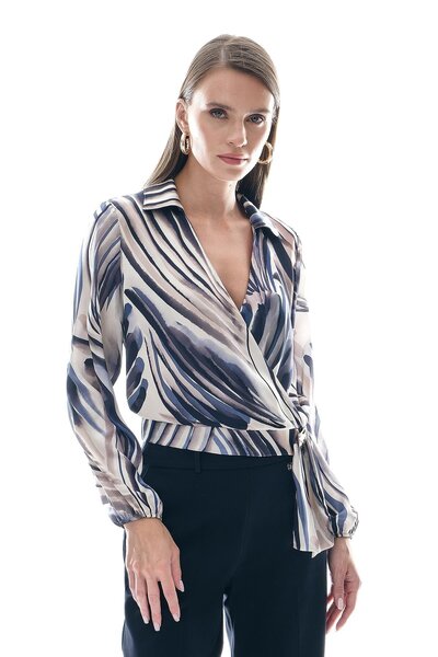 EXPLOSION Desenli Saten Kruvaze Şık Bluz
