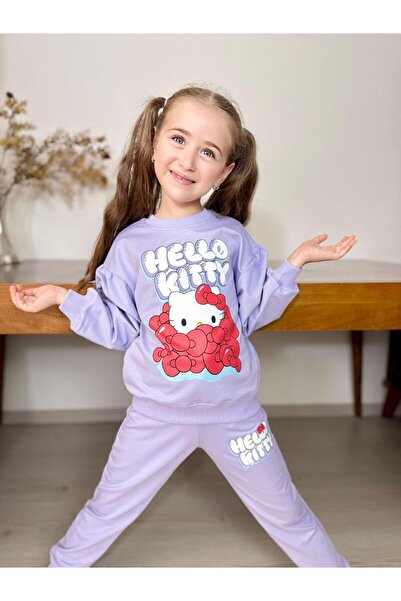 ARBİ kids Girls' Hello Kitty Print Balloon Sleeve Two-Piece Suit Seasonal Two-Thread Fabric