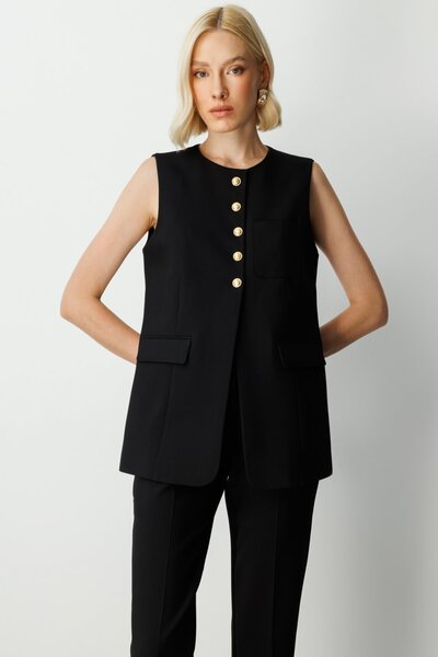 Ekol Buttoned Front Vest with Cover Pocket 5007-25K Black