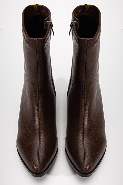 ALFHA Kadın Kahve Ortadan Dikişli Bot Fermuarlı Kısa Topuklu Günlük Bot 600