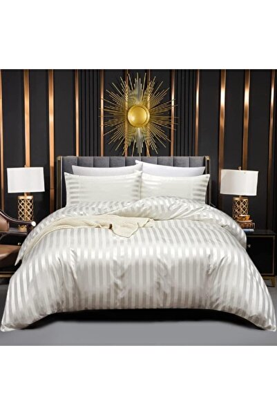 Luofanfei Set Lenjerie de Pat din Satin, 155 x 220 cm, + Set 2 Fata de Perna 80 x 80 cm, Bej