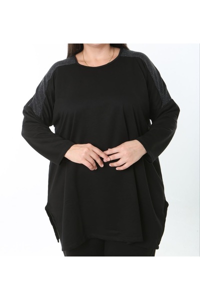 Butik Nilyam Women's Plus Size Crew Neck Long Sleeve Glitter Detailed Stretchy Blouse 25007