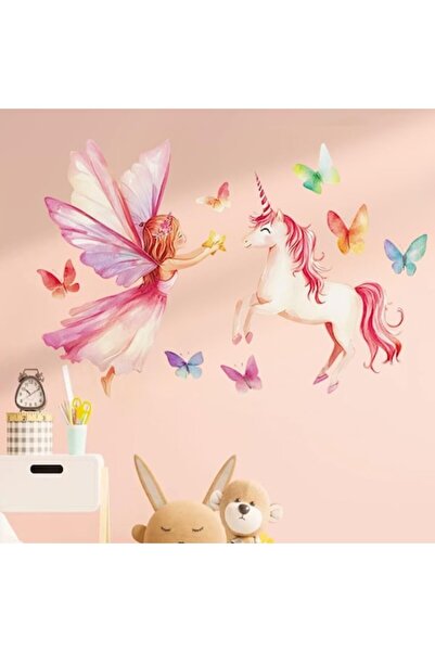 Genérico Αυτοκόλλητο τοίχου για παιδιά, 40 x 60 cm, σχέδιο νεράιδα και μονόκερος