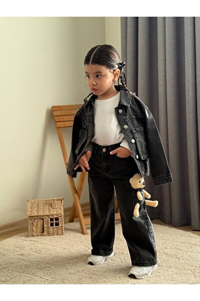 anonim Girl's Teddy Bear Denim Jacket Top and Bottom Set