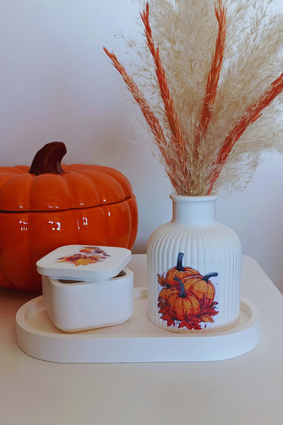 FourClovers Balkabağım Dekoratif Set – Saksı, Takı Kutusu ve Tabak (Vazodaki çiçekler fiyata dahil değildir)