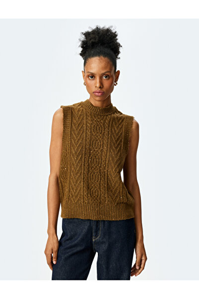 Koton Hair Braid Patterned Lightweight Stand Collar Sweater