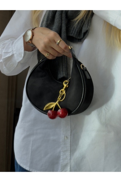 mèche atelier since 2024 Valeria Cherry Charm Gift Women's Suede Hand and Shoulder Bag Black