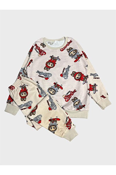 ALİŞ KİDS Fiú pamut bézs színű Labubu mintás hosszú ujjú szezonális pizsama szett