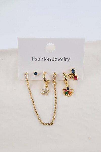 By Zeyna Aksesuar Women's Vip Series Zircon Stone 6-Piece Asymmetric Earring Set – Antiallergenic