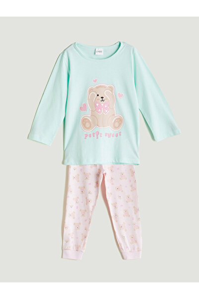 LC Waikiki Pembe Bisiklet Yaka Baskılı Kız Çocuk Pijama Takımı