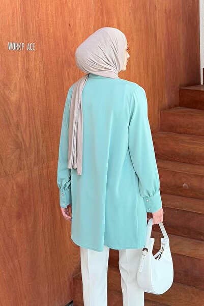lamelif Hidden Button Detailed Hijab Tunic Mint Green