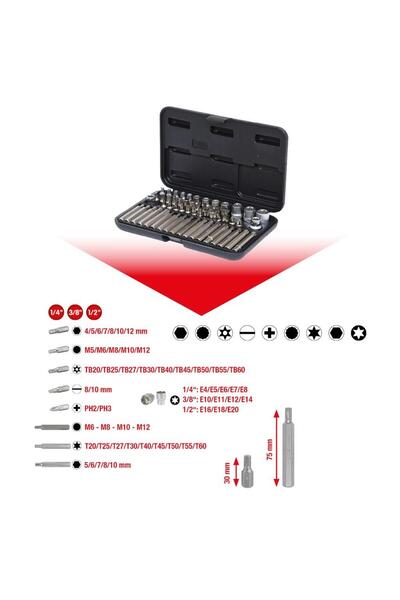 KS Tools Socket and Bit Set, Sizes 1/4", 3/8" and 1/2", 57 Pieces