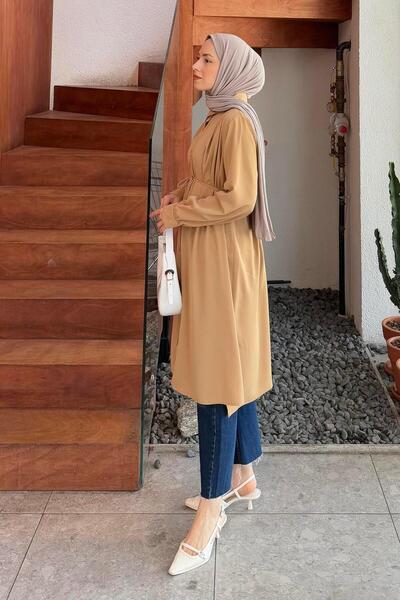 lamelif Long Hijab Tunic with Tie Detail Camel