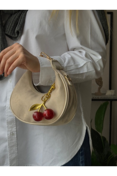 mèche atelier since 2024 Valeria Cherry Charm Gift Women's Suede Hand and Shoulder Bag Cream