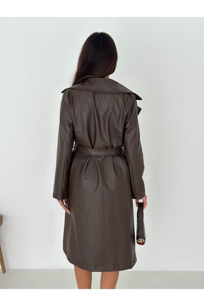 VESS MODA Vegan Kuşaklı Deri Trençkot Pardesü Kahve