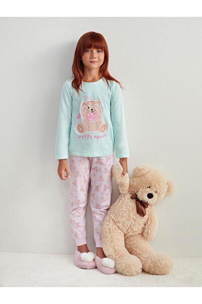 LC Waikiki Pembe Bisiklet Yaka Baskılı Kız Çocuk Pijama Takımı