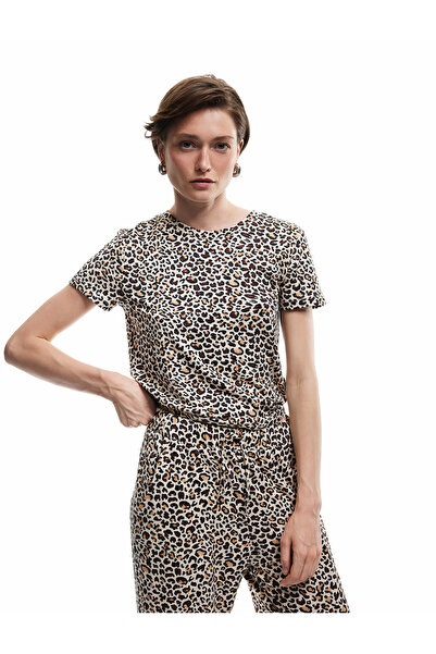 Koton Kısa Kollu Bisiklet Yaka Leopar Desenli Crop Pijama Üstü