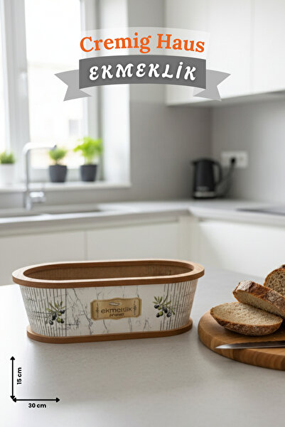 CremigHaus Geleneksel Tasarım Ekmeklik Oval Ahşap Ekmek Sepeti Beyaz Mermer D...